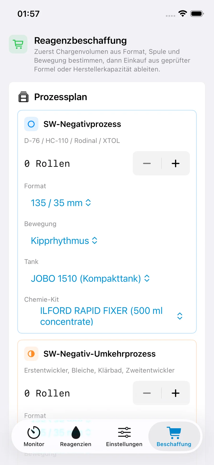 FilmDevMonitor-Referenzansicht für die Materialien eines Prozesses.