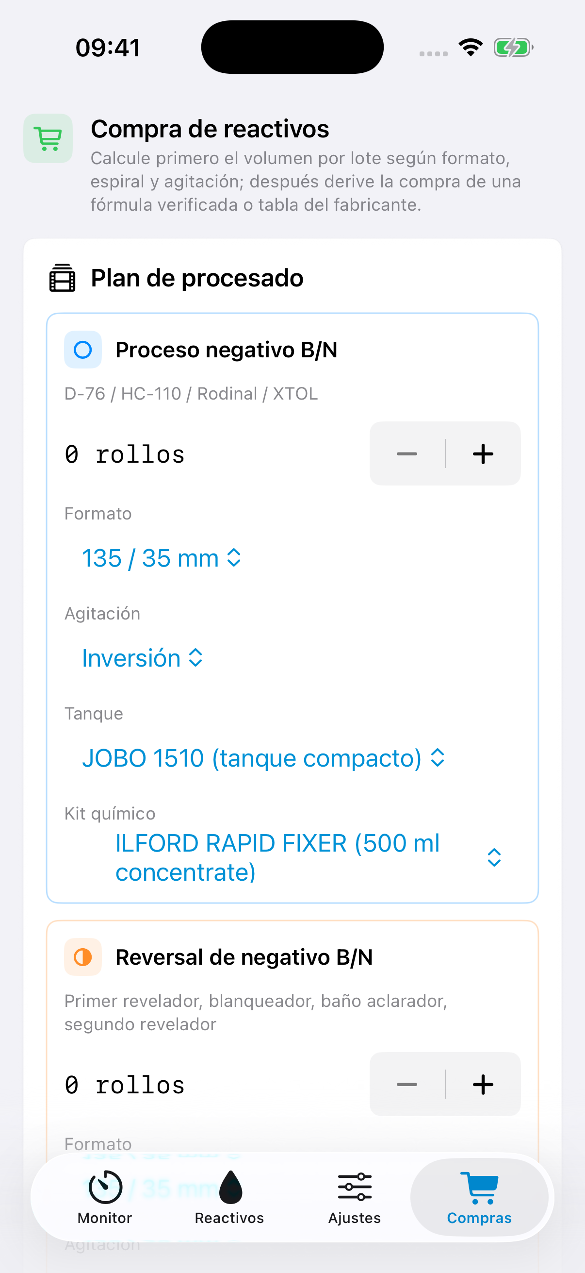 Vista de consulta de FilmDevMonitor para revisar los materiales necesarios para un proceso.