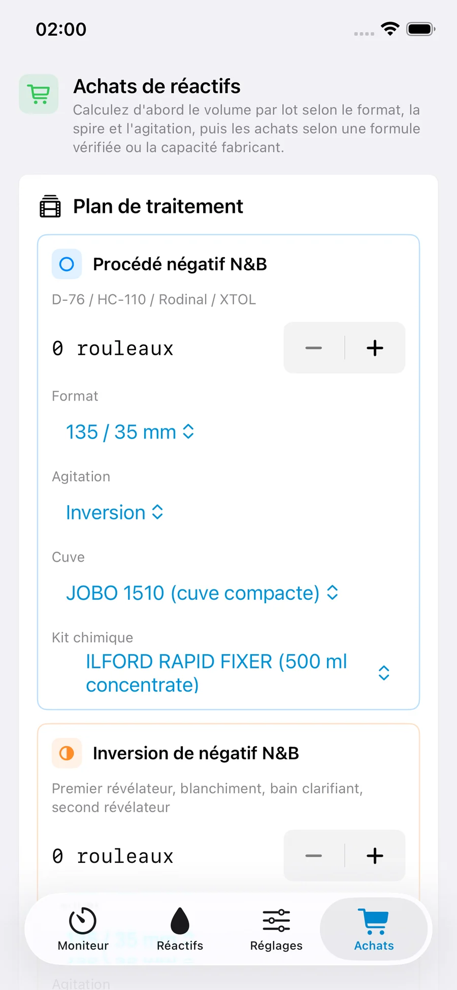 Vue de référence FilmDevMonitor pour vérifier le matériel requis par un procédé.