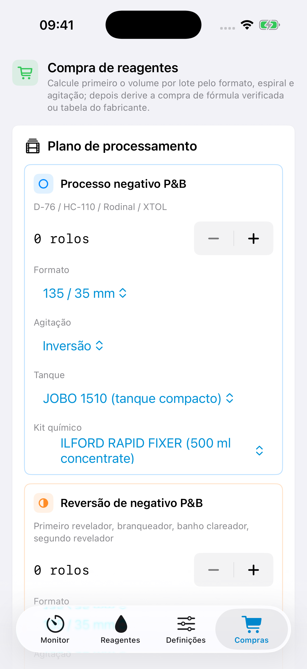 Vista de referência do FilmDevMonitor para consultar os materiais necessários a um processo.