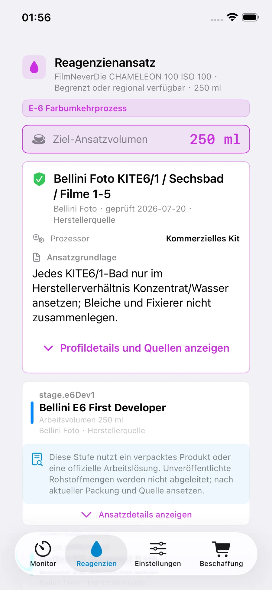 FilmDevMonitor-Ansicht zur Chemievorbereitung mit Prozessquellen und Sicherheitshinweisen.