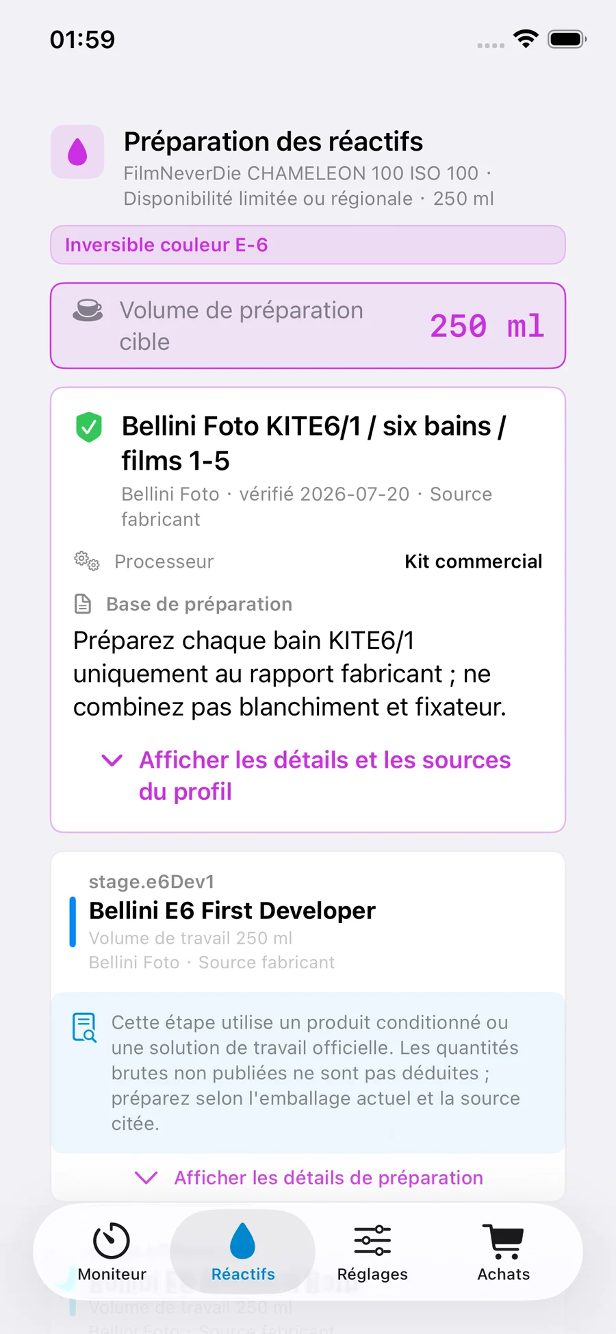 Écran de préparation des bains FilmDevMonitor avec références du procédé et consignes de sécurité.