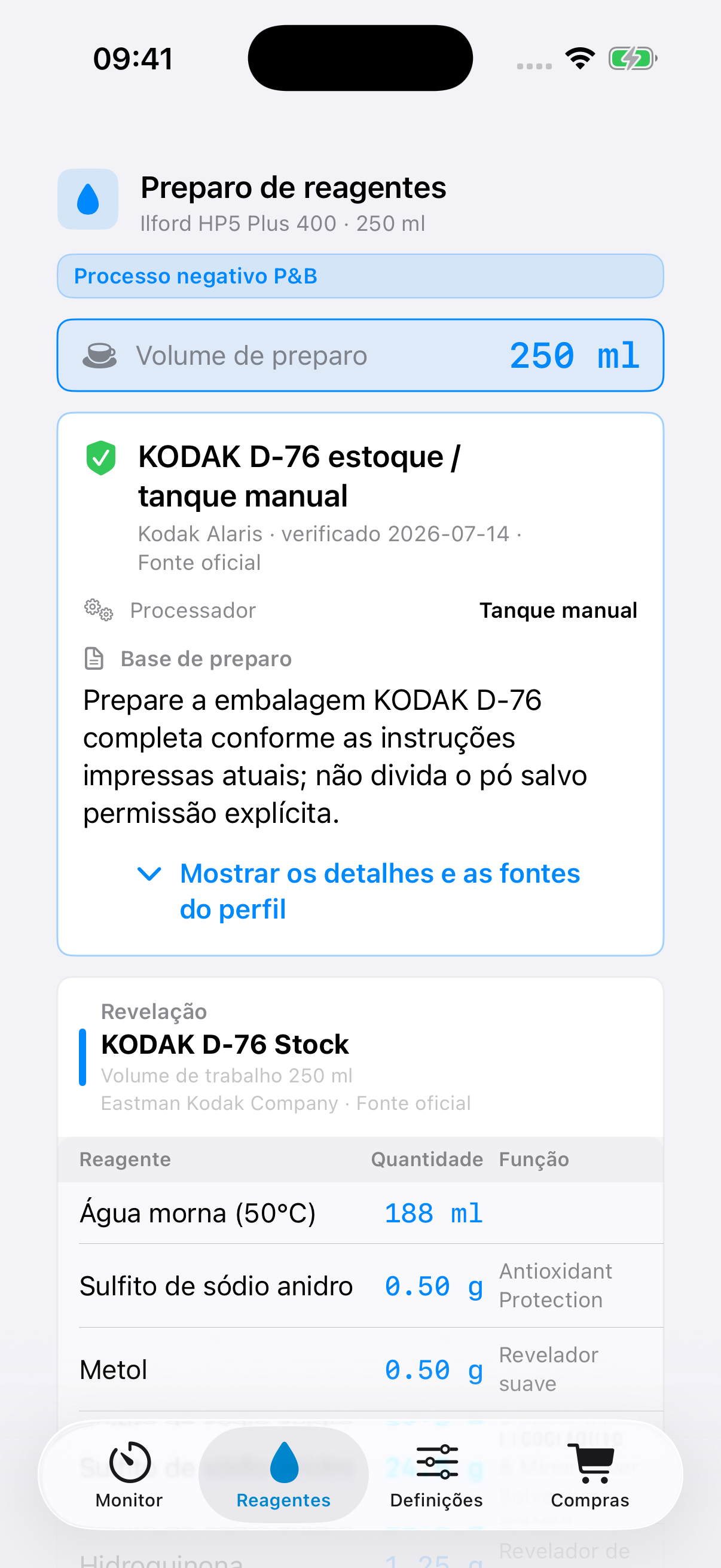Ecrã de preparação de reagentes do FilmDevMonitor com referências do processo e informação de segurança.