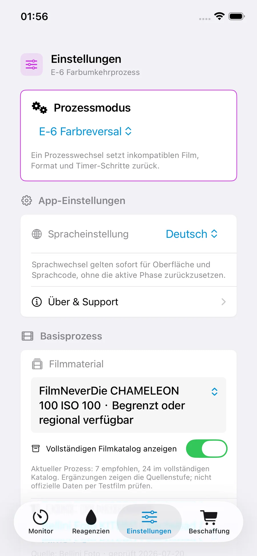 FilmDevMonitor-Einstellungen für Prozess, Film, Tank, Format, Bewegung und Arbeitsvolumen.