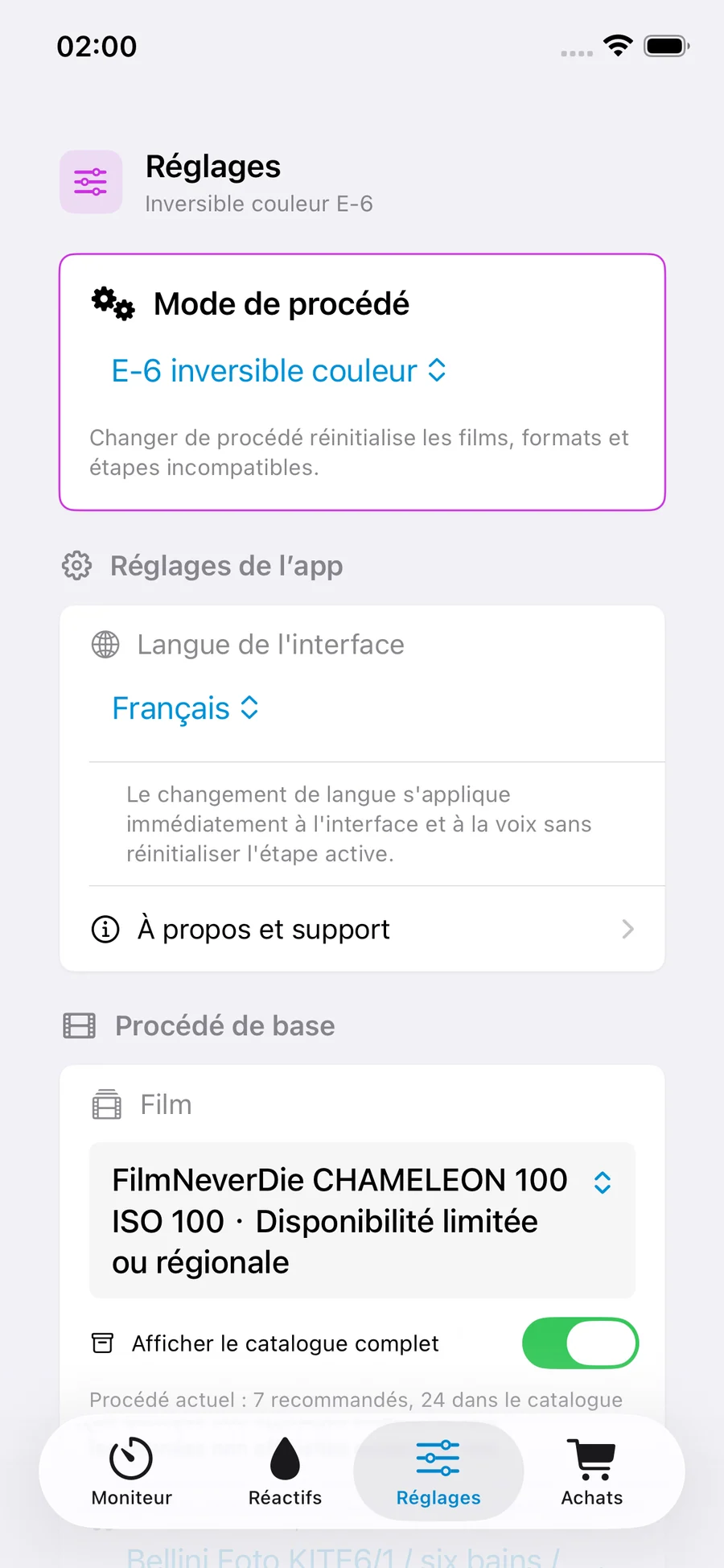 Réglages FilmDevMonitor pour le procédé, le film, la cuve, le format, l'agitation et le volume de travail.