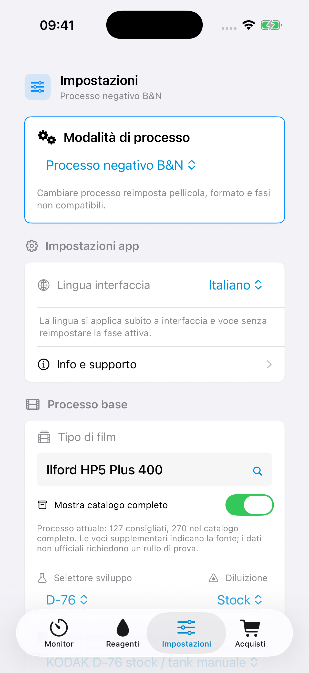 Impostazioni di FilmDevMonitor per processo, pellicola, tank, formato, agitazione e volume di lavoro.
