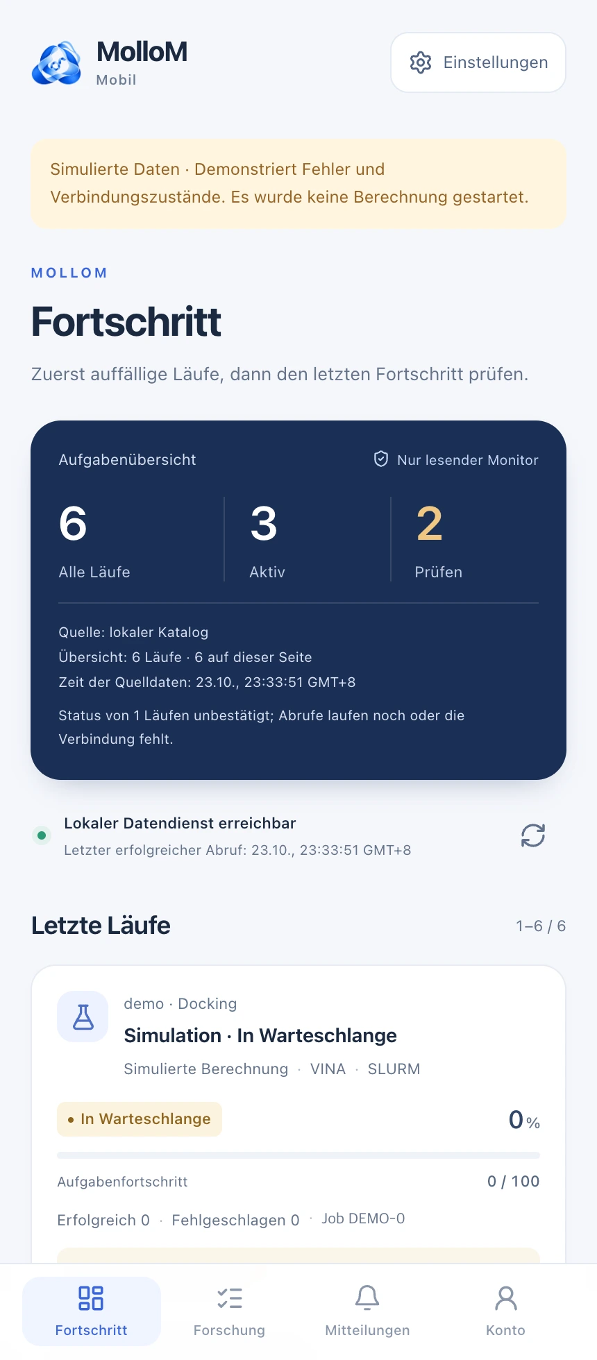 Gesamtfortschritt verfolgen. Echte Entwicklungsoberflächen mit Demo-Einstellungen und simulierten Aufgaben. Keine reale Berechnung wurde gestartet.