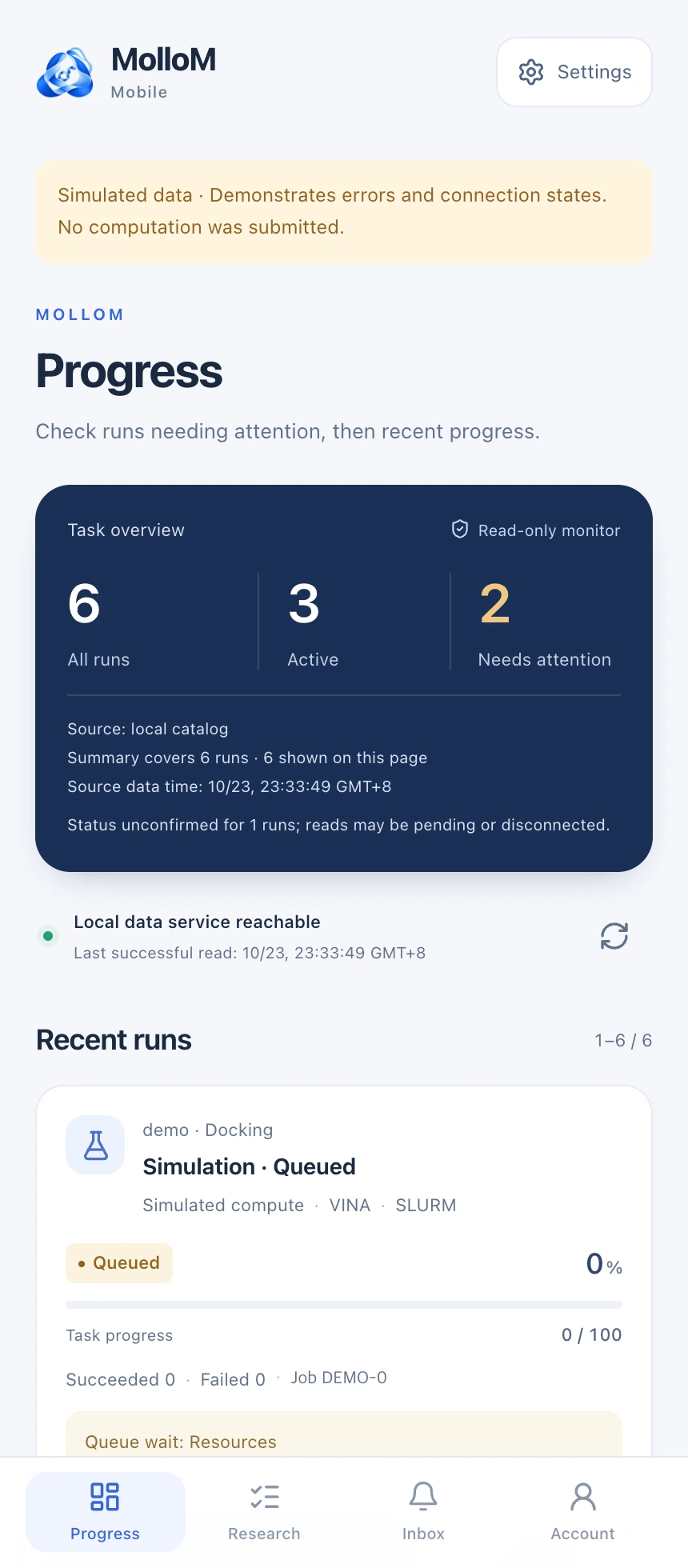 Follow overall progress. Actual development interfaces with demo settings and simulated tasks. No real computation was submitted.