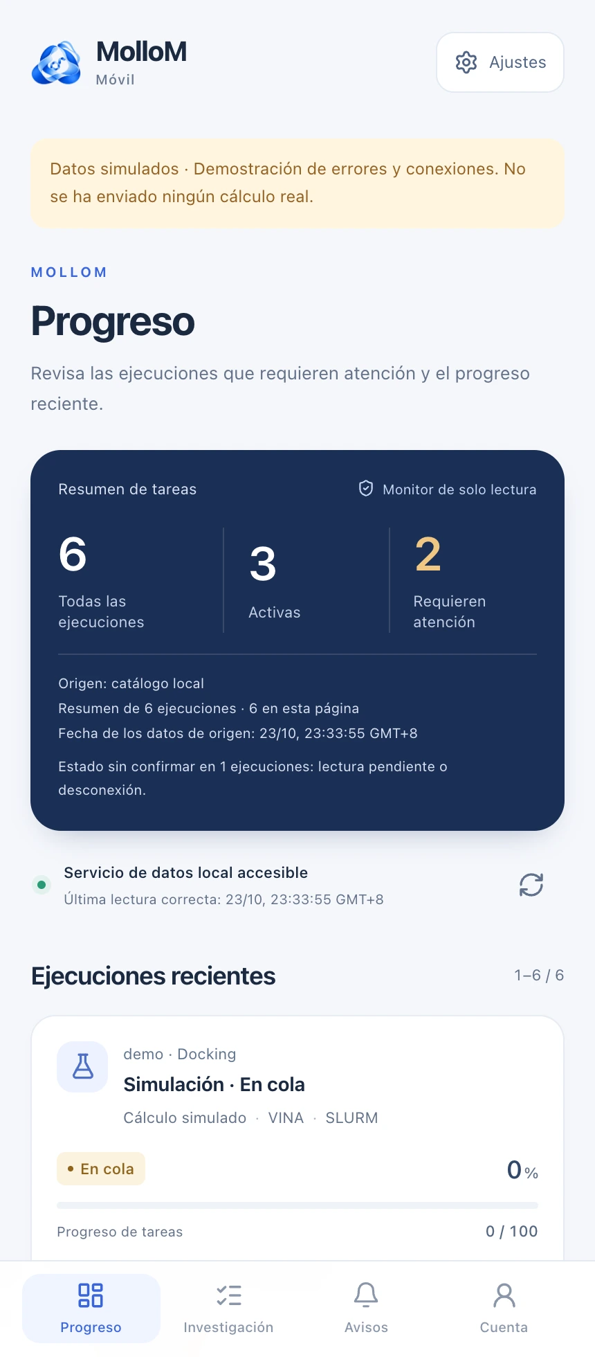 Seguir el progreso general. Interfaces reales de desarrollo con ajustes de demostración y tareas simuladas. No se inició ningún cálculo real.