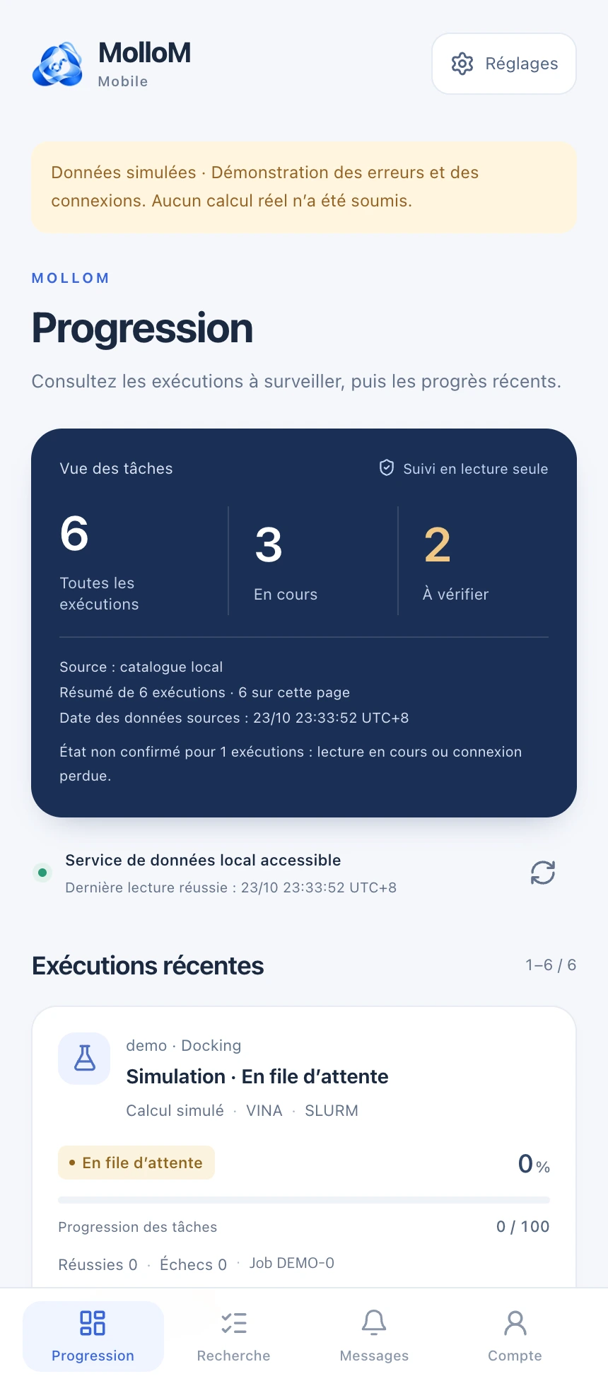 Suivre la progression globale. Interfaces réelles de développement, avec réglages de démonstration et tâches simulées. Aucun calcul réel n’a été lancé.