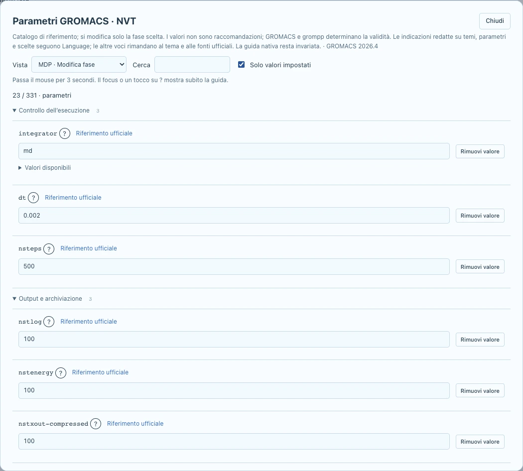 Impostare i parametri di simulazione. Interfacce reali di sviluppo con impostazioni dimostrative e attività simulate. Nessun calcolo reale è stato avviato.