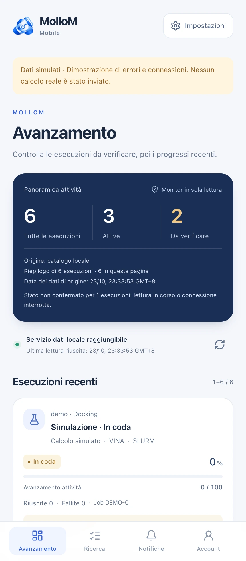 Seguire i progressi complessivi. Interfacce reali di sviluppo con impostazioni dimostrative e attività simulate. Nessun calcolo reale è stato avviato.