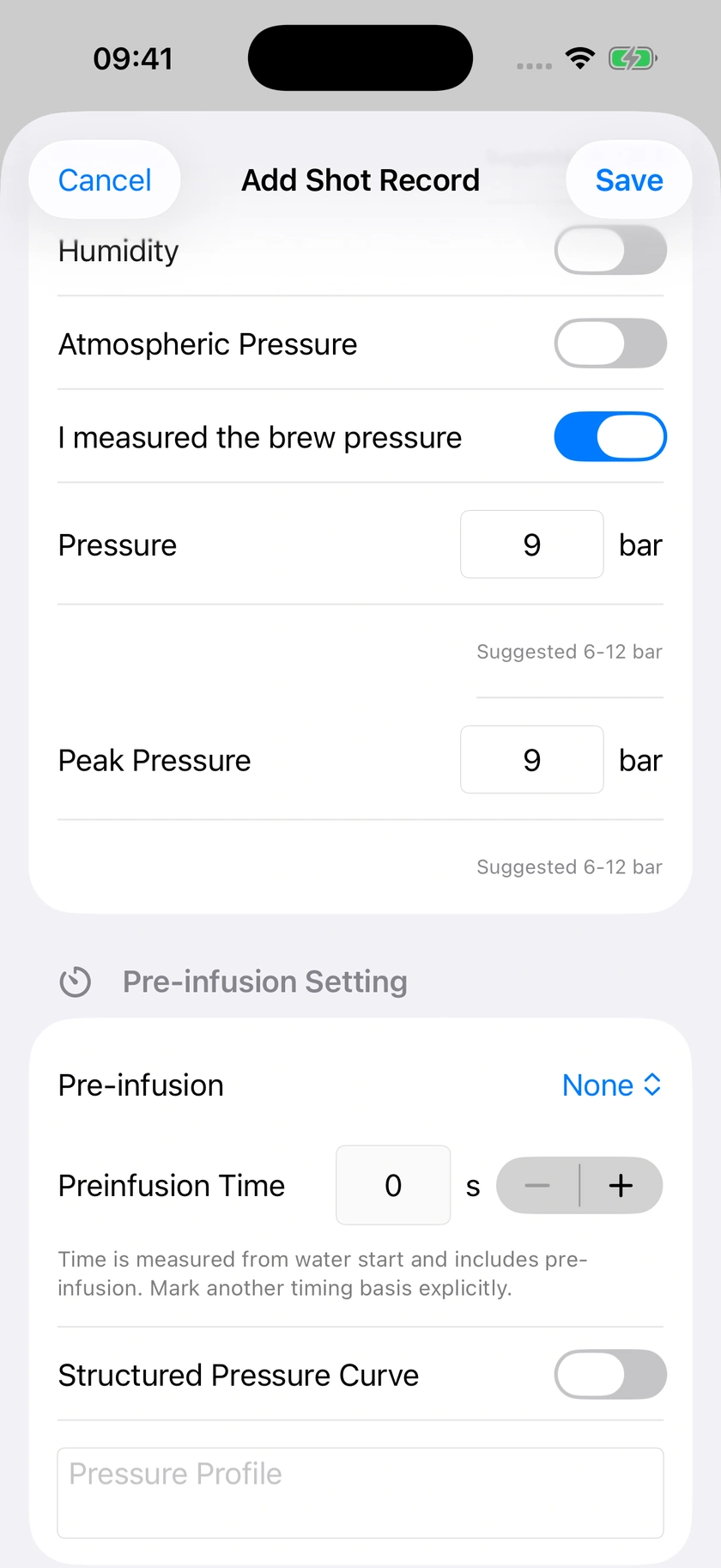 Figure 24 | Pre-infusion, timing and measured pressure