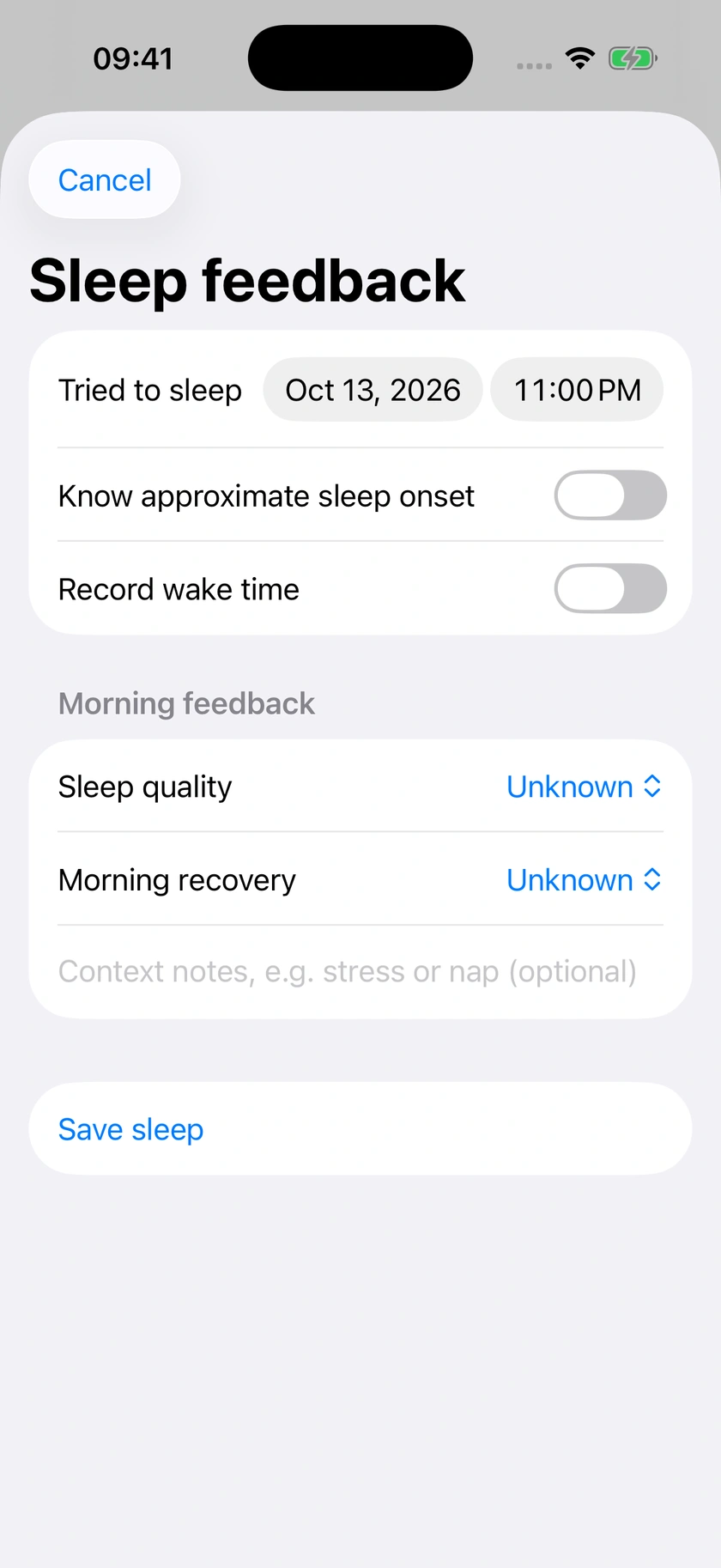 Figure 55 | Sleep-entry form