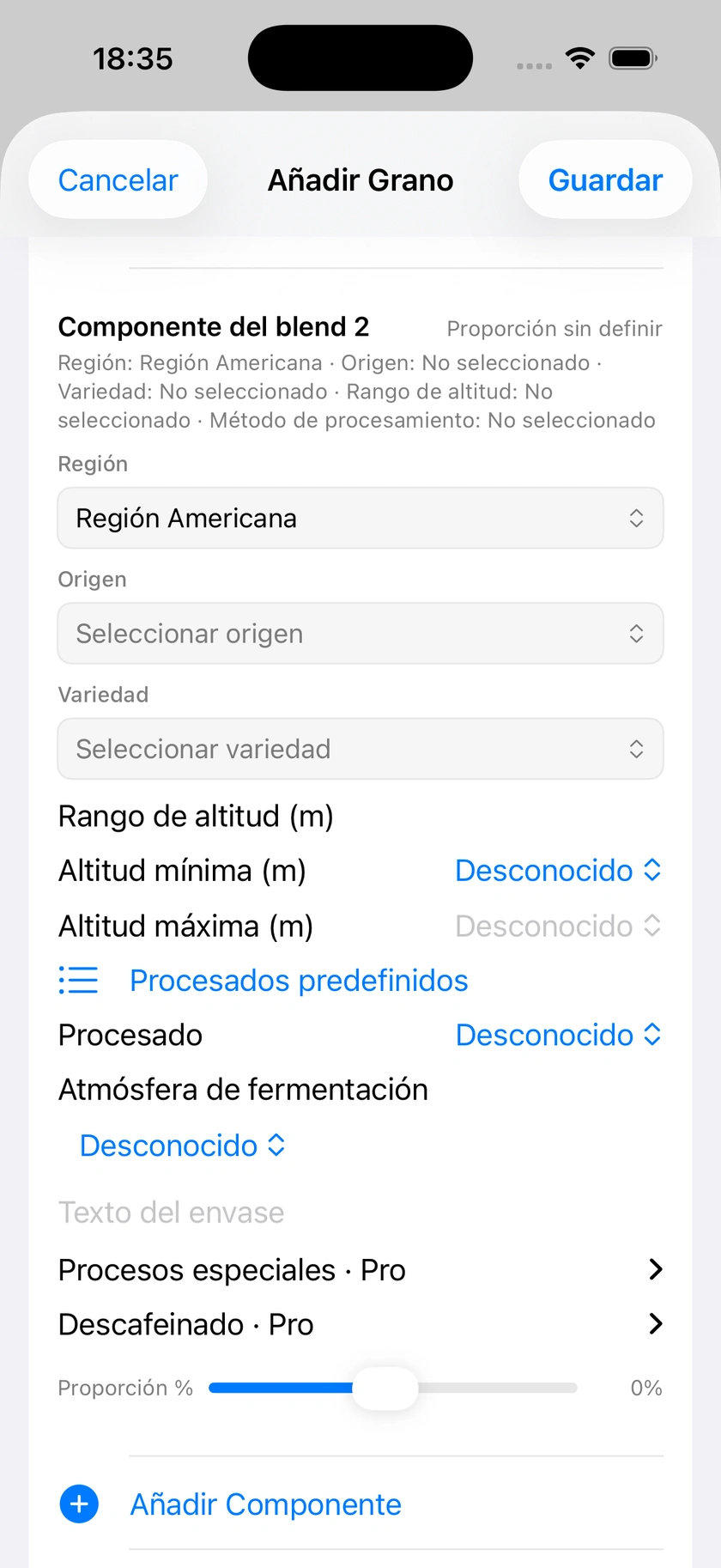 Figura 10 | Componentes de la mezcla y recetas predeterminadas