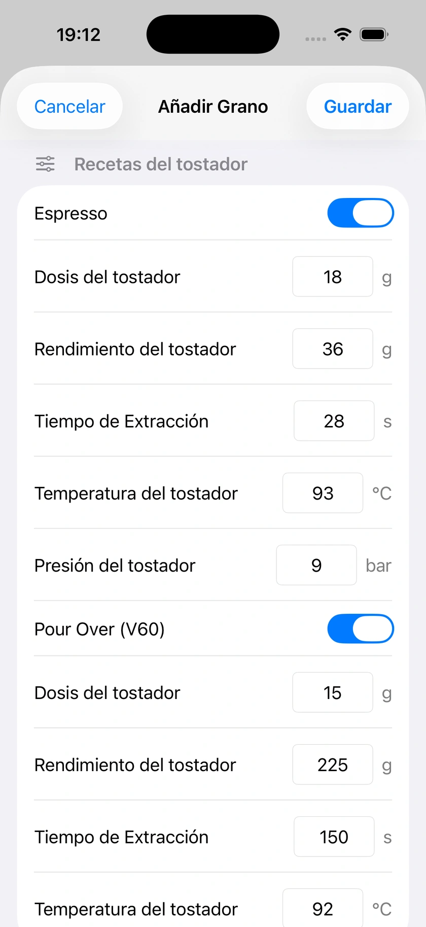 Figura 11 | Componentes de la mezcla y recetas predeterminadas