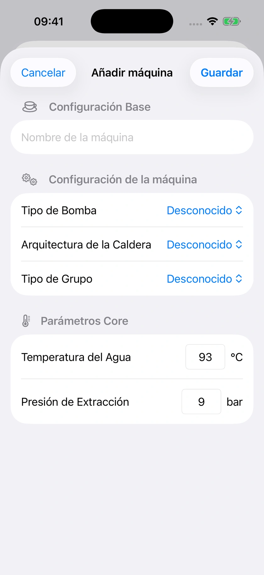 Figura 16 | Ficha de máquina y valores predeterminados