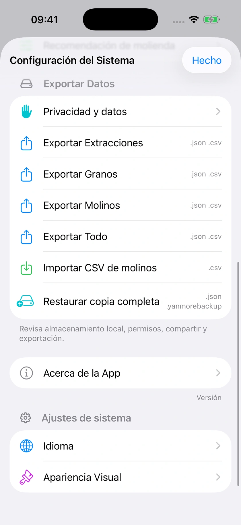 Figura 45 | Exportación, restauración y privacidad de datos