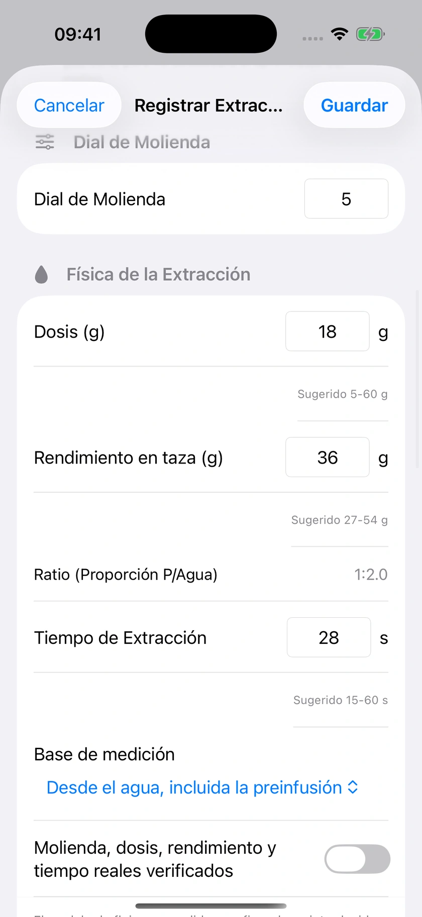 Figura 23 | Preinfusión, cronometraje y presión medida