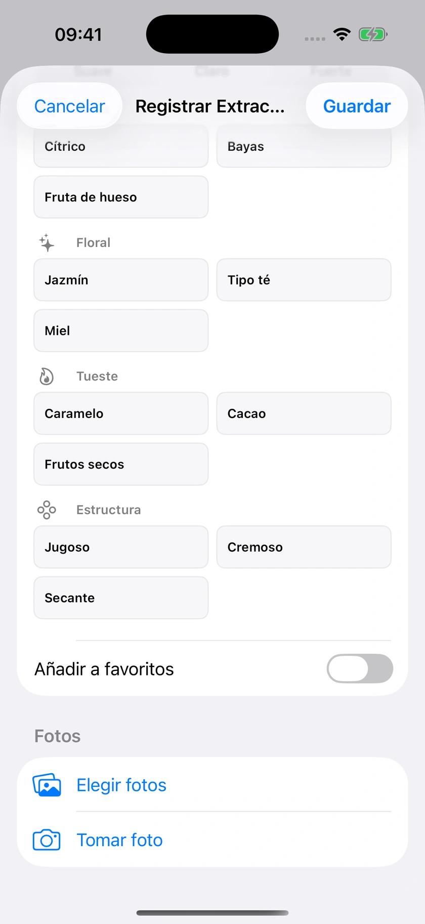 Figura 35 | Tabla de sabores y notas escritas