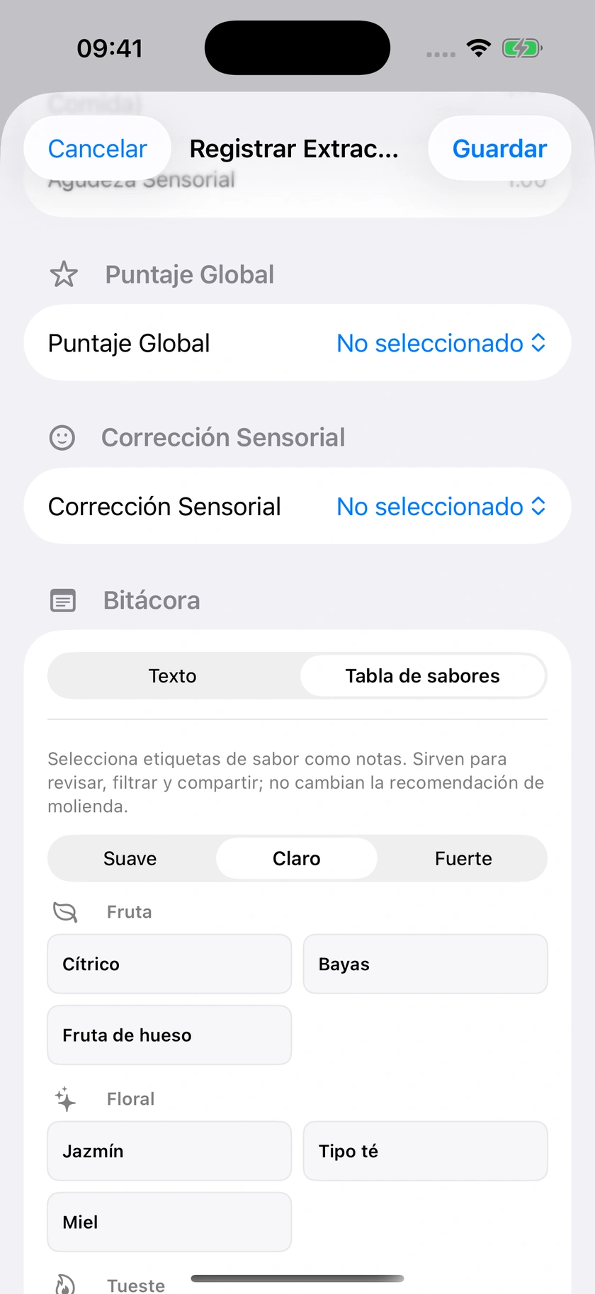Figura 34 | Tabla de sabores y notas escritas