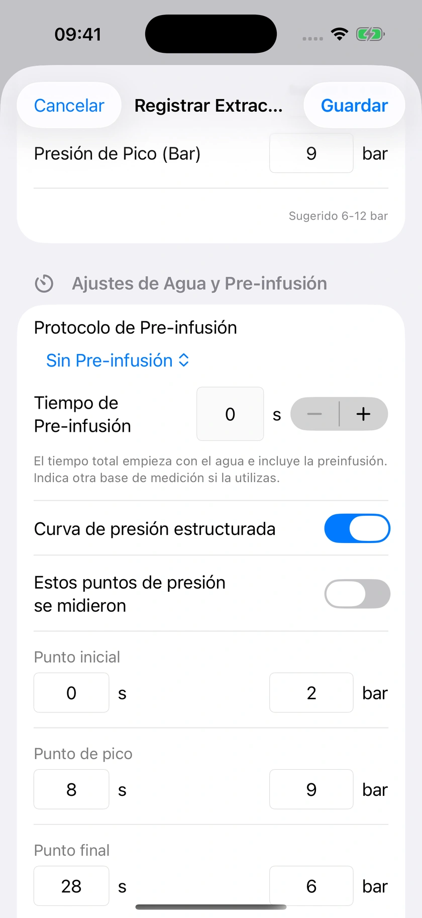 Figura 25 | Preinfusión, cronometraje y presión medida