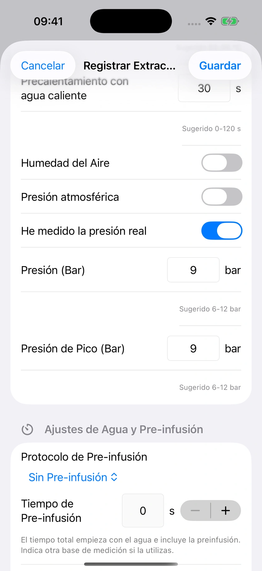 Figura 24 | Preinfusión, cronometraje y presión medida