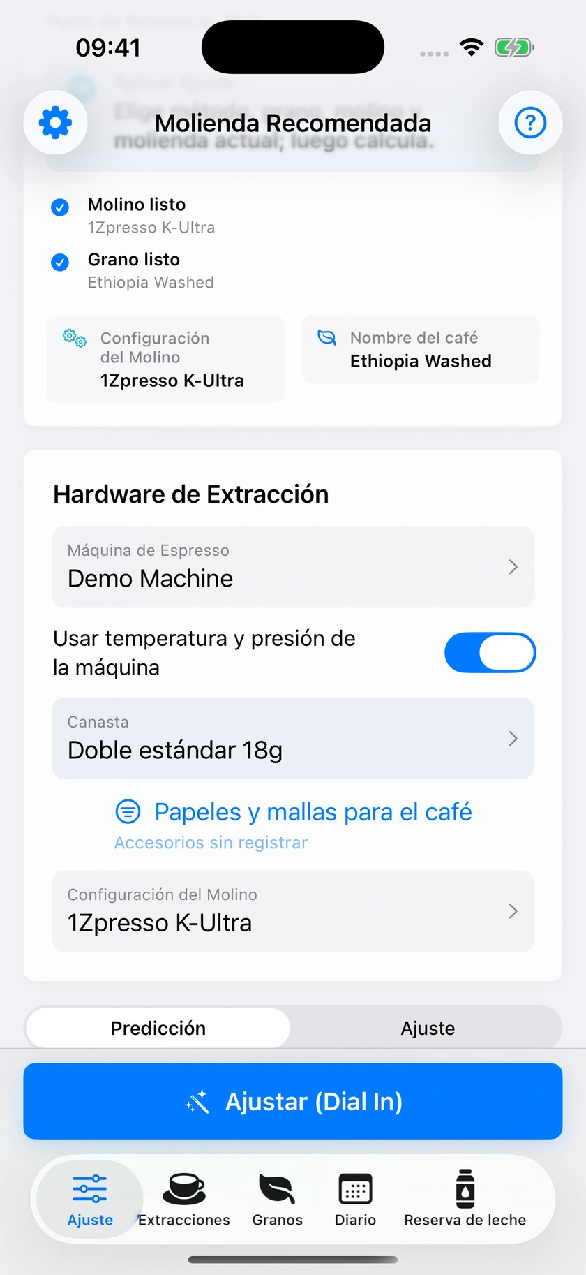 Figura 17 | Ficha de máquina y valores predeterminados