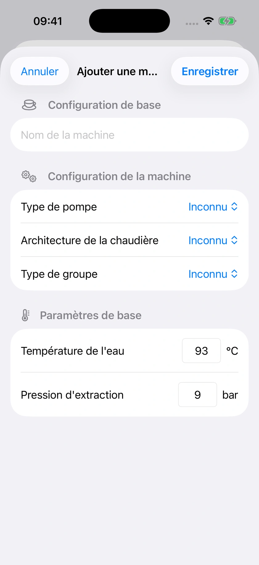 Figure 16 | Machine et valeurs par défaut