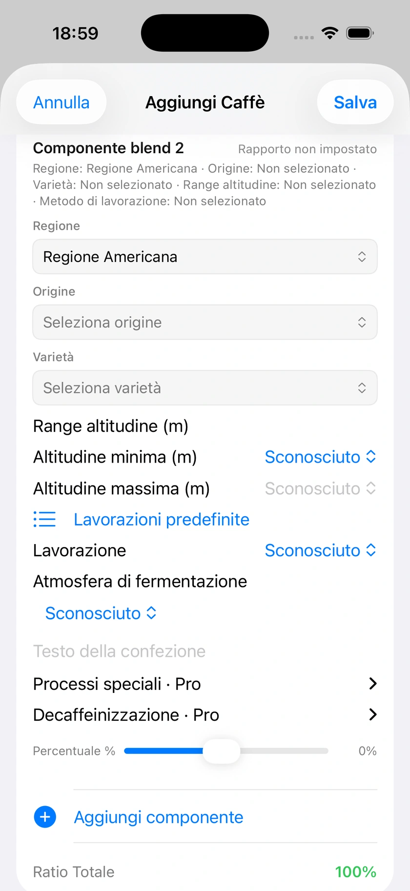 Figura 10 | Componenti della miscela e ricette predefinite