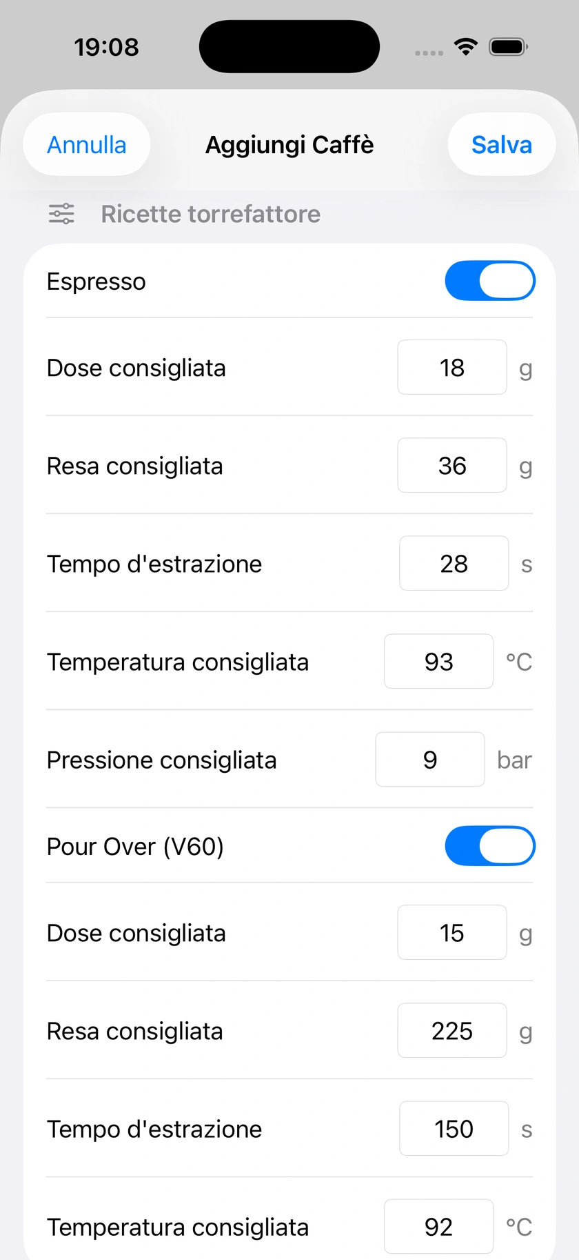 Figura 11 | Componenti della miscela e ricette predefinite