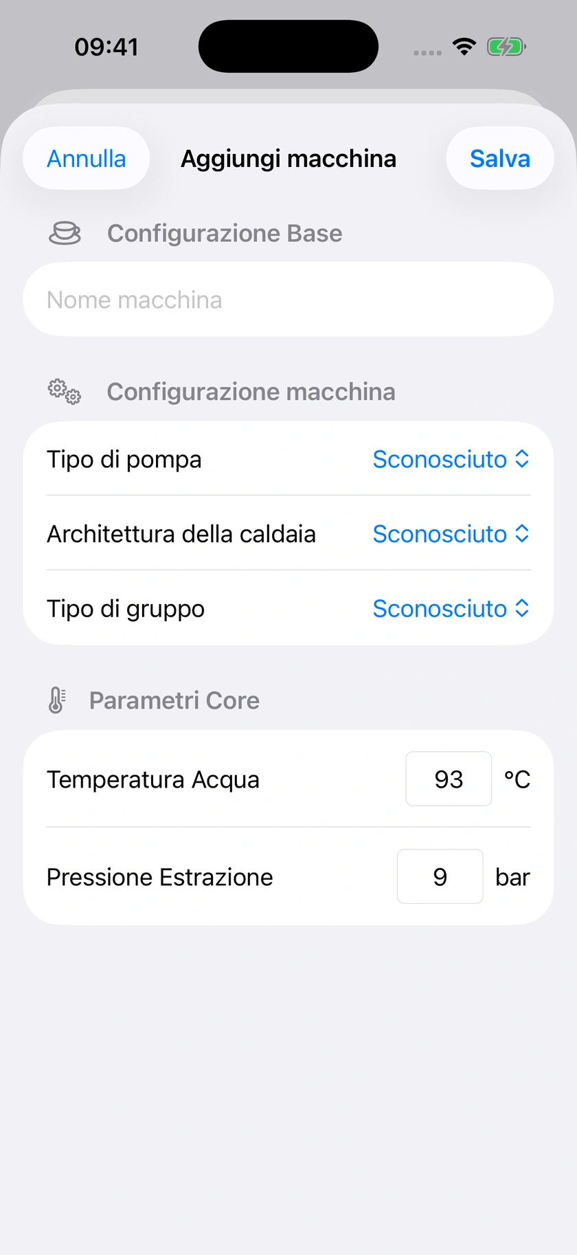 Figura 16 | Scheda della macchina e valori predefiniti