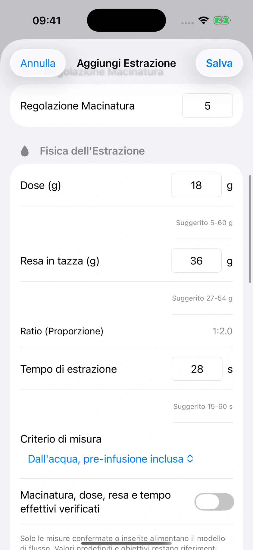 Figura 23 | Preinfusione, cronometraggio e pressione misurata