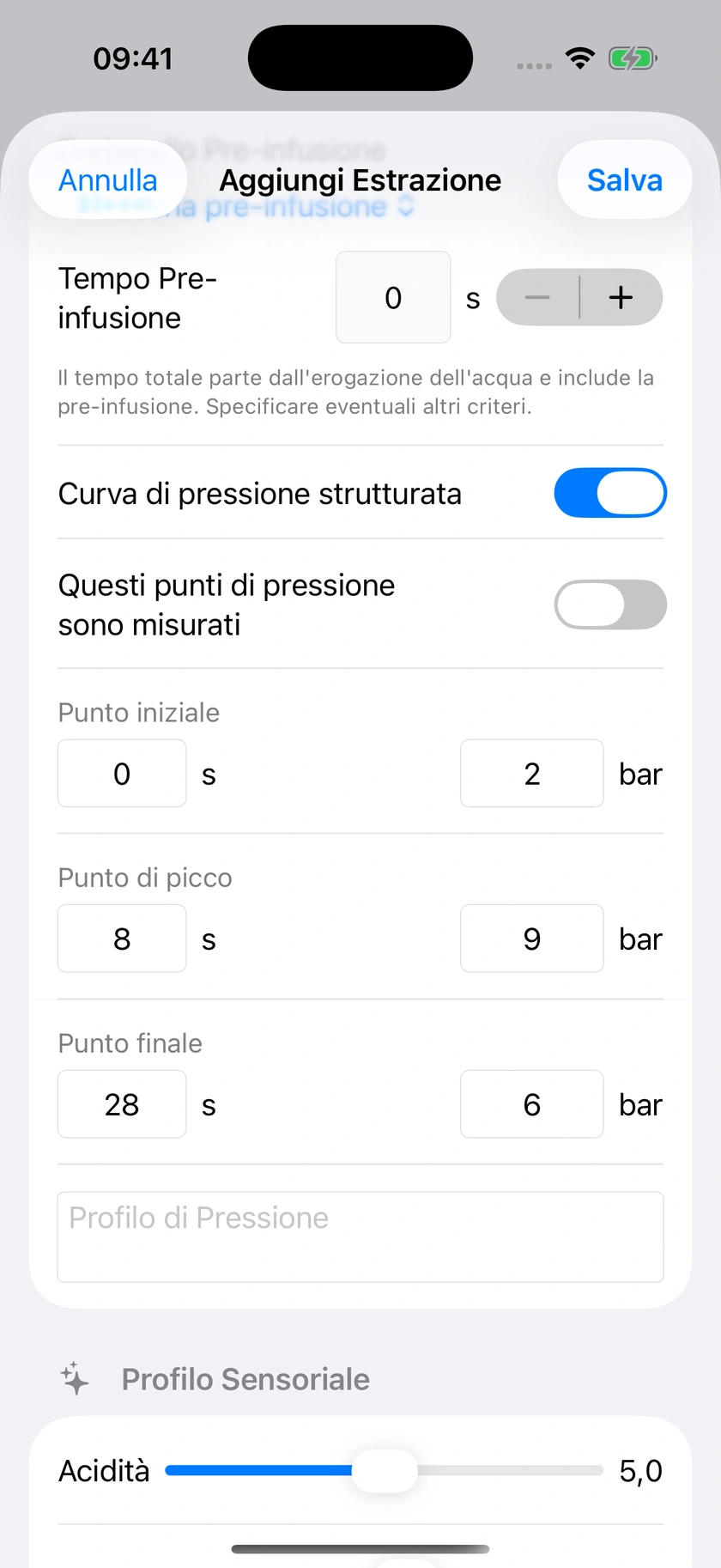 Figura 25 | Preinfusione, cronometraggio e pressione misurata