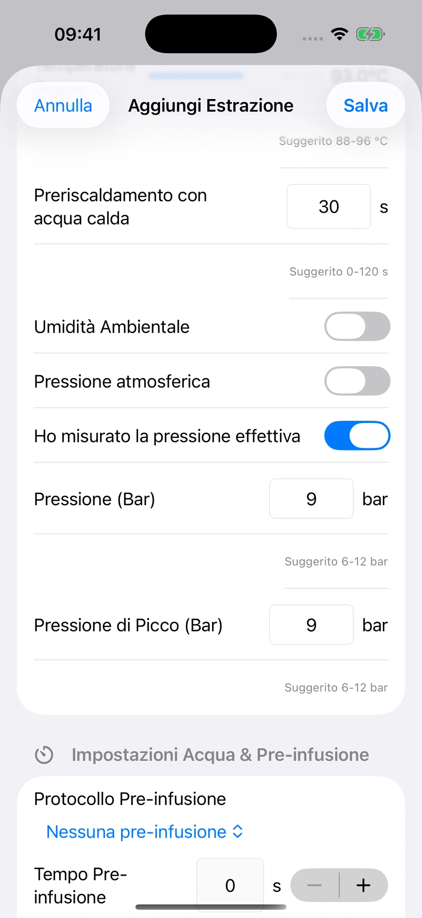 Figura 24 | Preinfusione, cronometraggio e pressione misurata