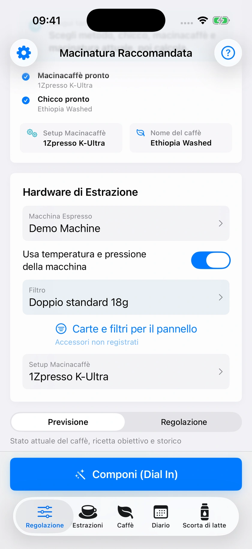 Figura 17 | Scheda della macchina e valori predefiniti