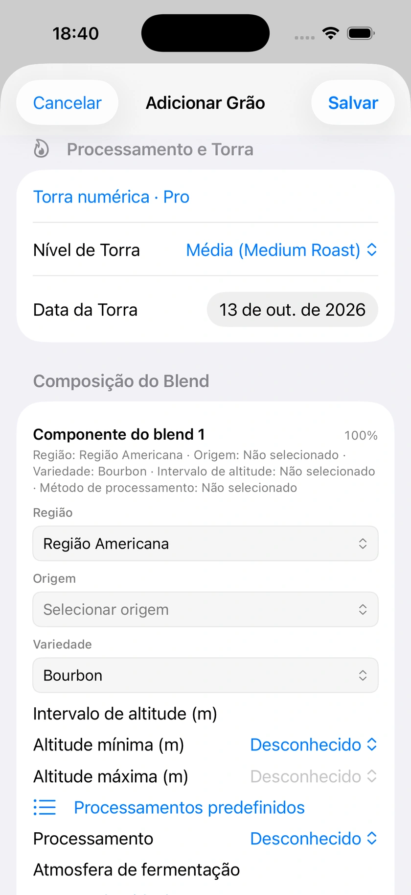 Figura 9 | Componentes da mistura e receitas predefinidas