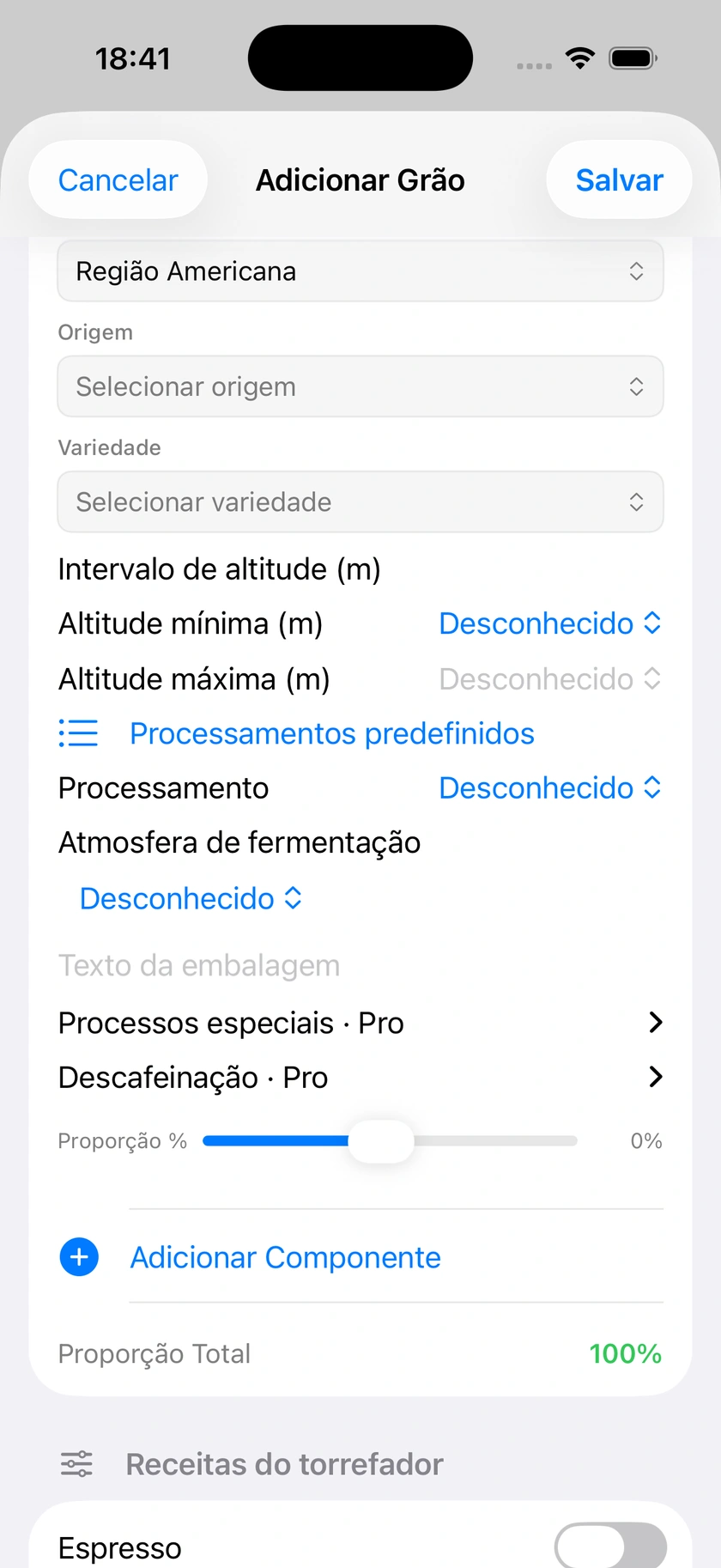 Figura 10 | Componentes da mistura e receitas predefinidas