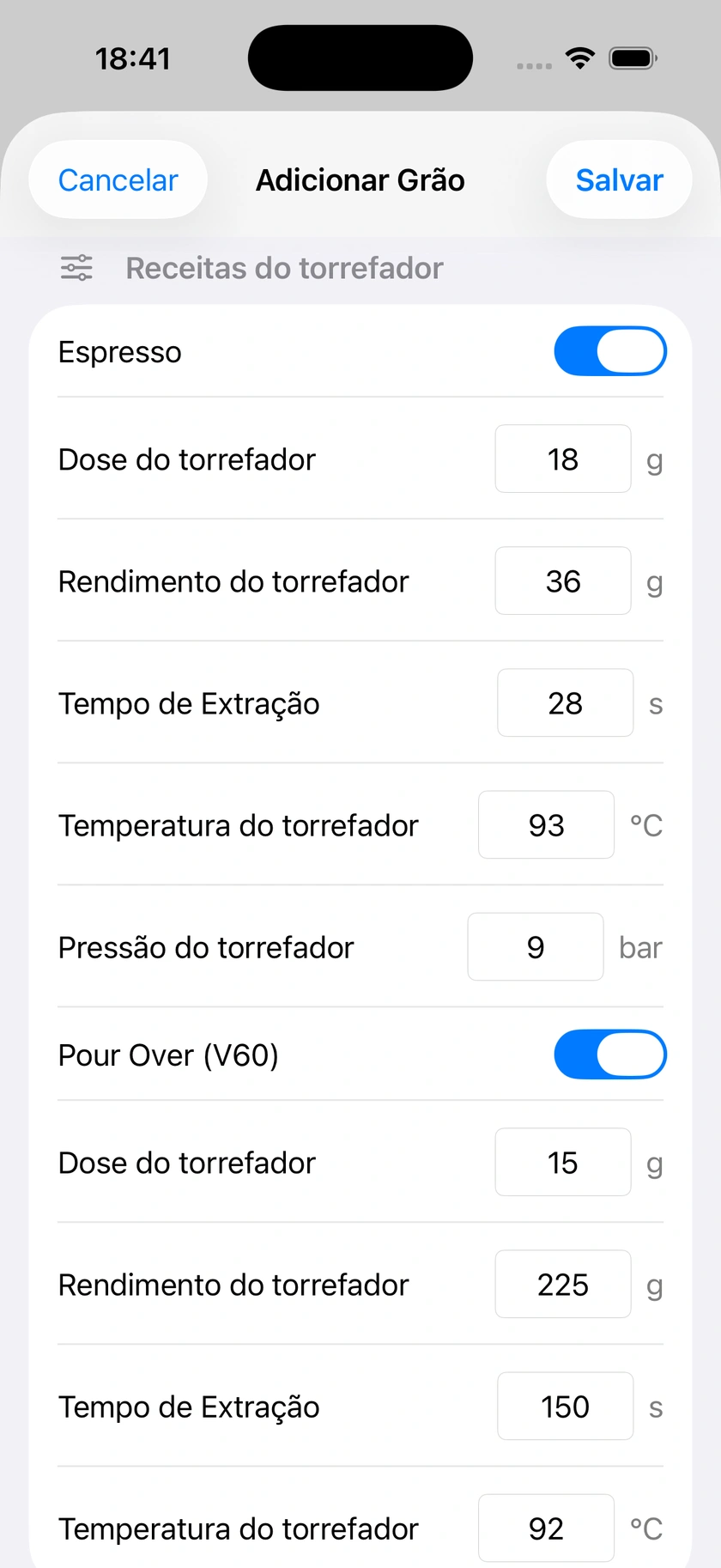 Figura 11 | Componentes da mistura e receitas predefinidas