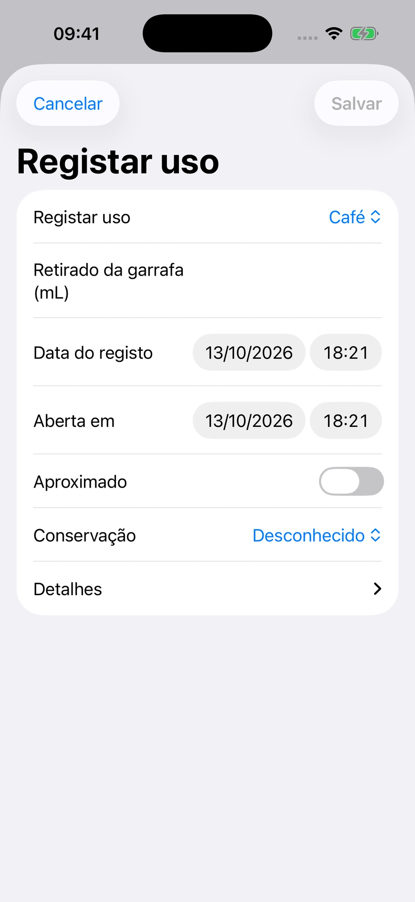 Figura 57 | Registar uma quantidade em mililitros