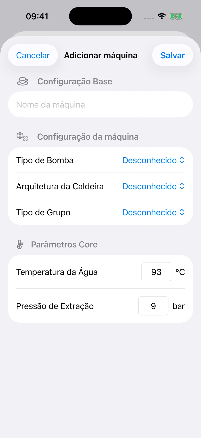 Figura 16 | Perfil e predefinições da máquina