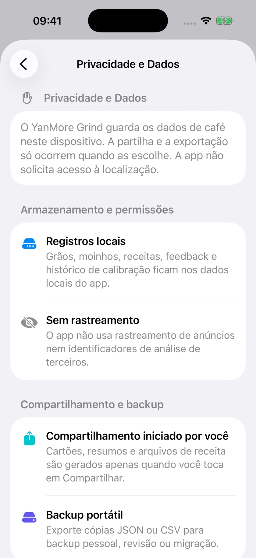 Figura 46 | Exportação, restauro e privacidade dos dados