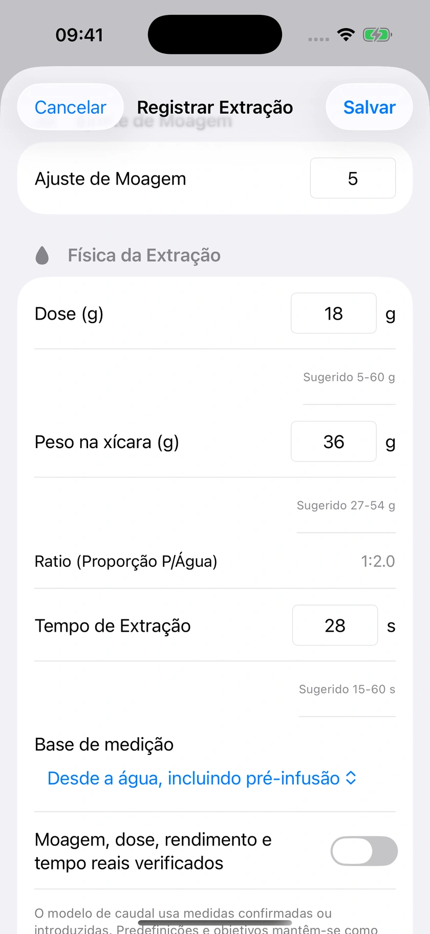 Figura 23 | Pré-infusão, cronometragem e pressão medida