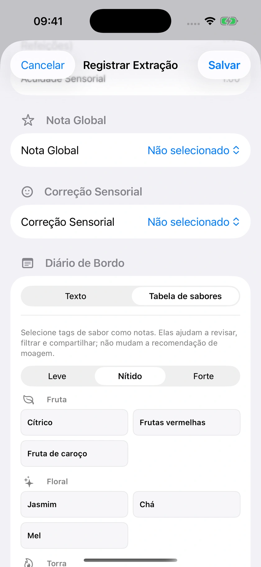 Figura 34 | Tabela de sabores e notas escritas
