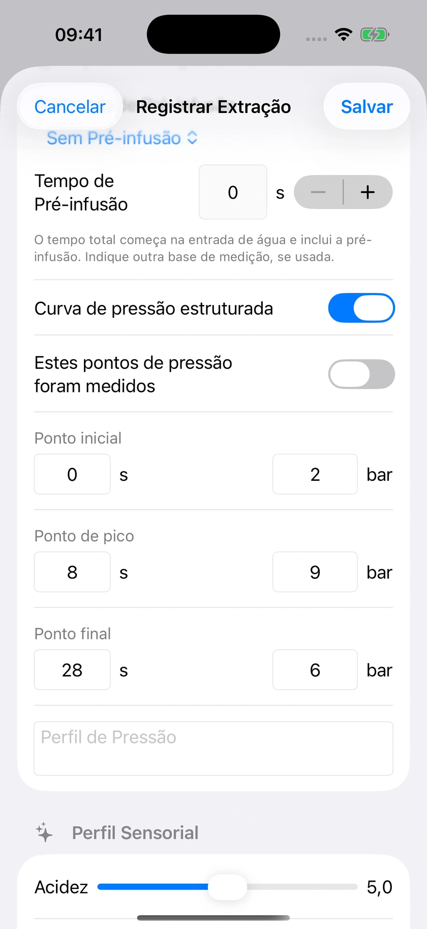 Figura 25 | Pré-infusão, cronometragem e pressão medida