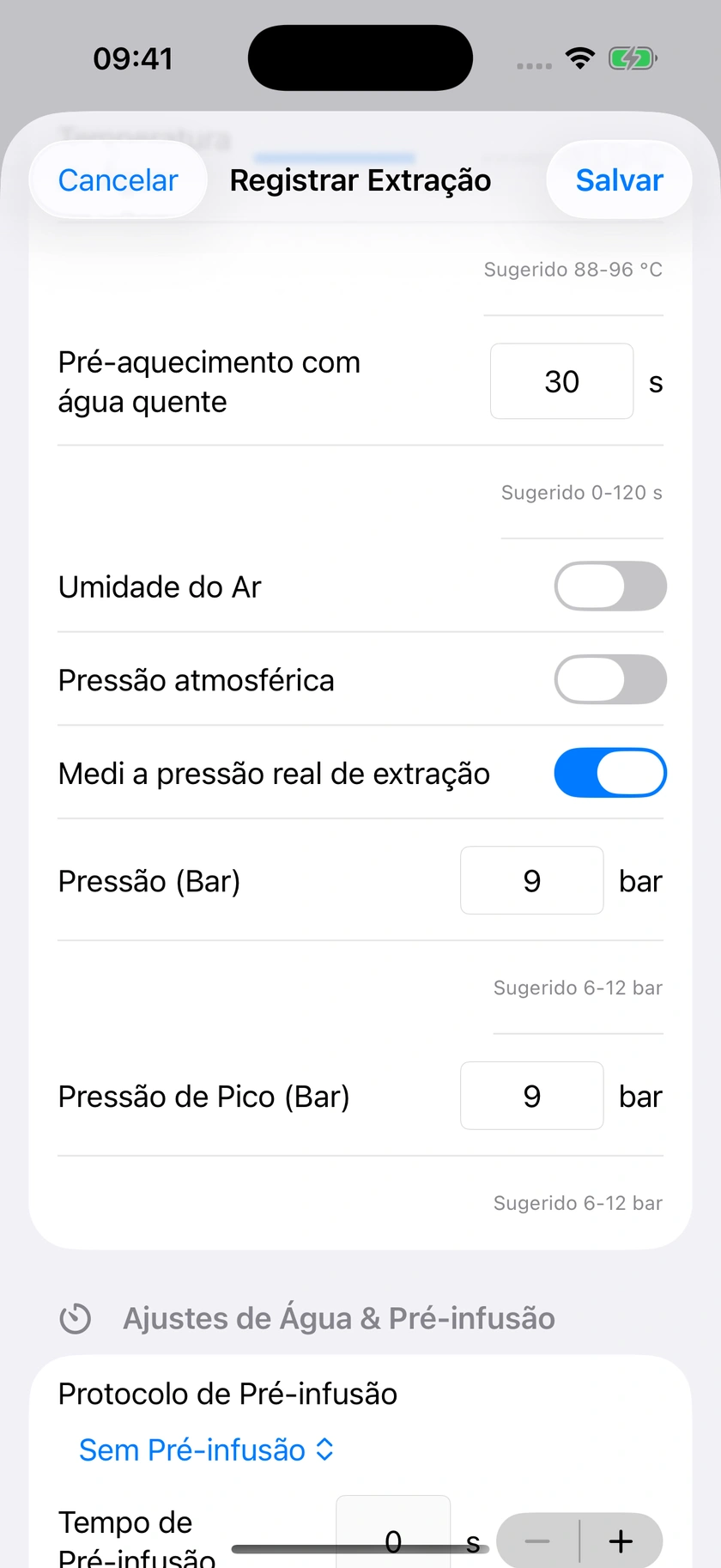 Figura 24 | Pré-infusão, cronometragem e pressão medida
