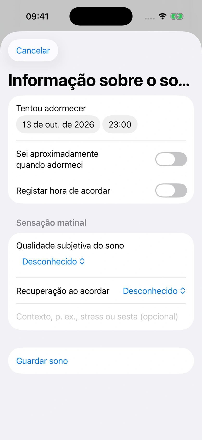 Figura 55 | Formulário de registo do sono