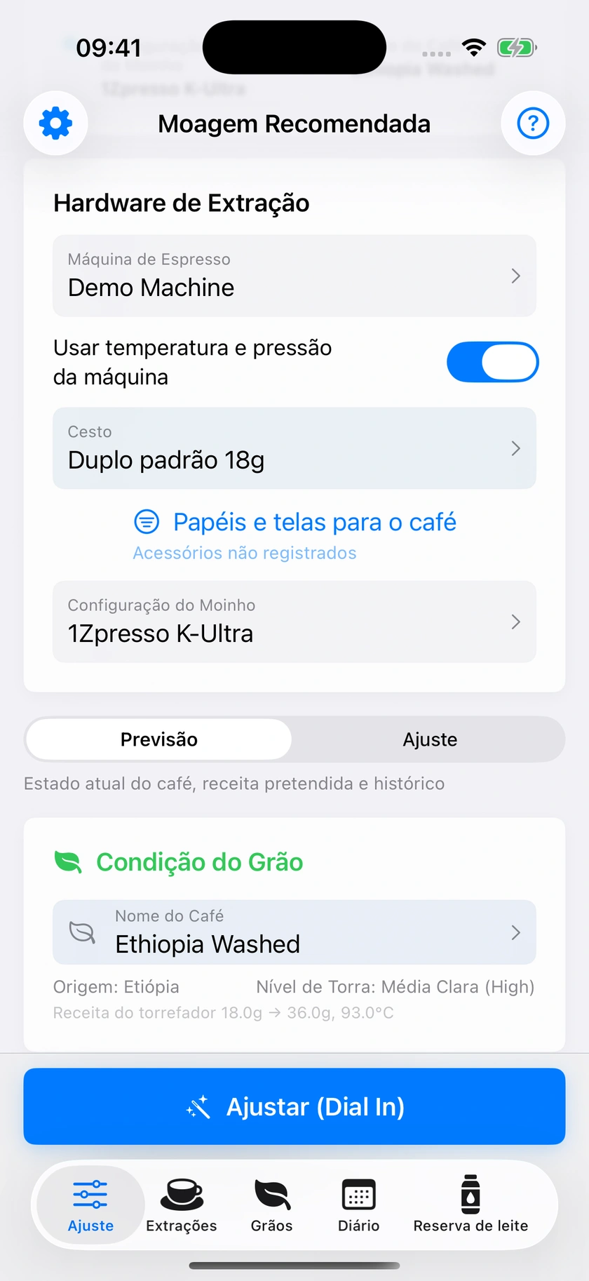 Figura 17 | Perfil e predefinições da máquina