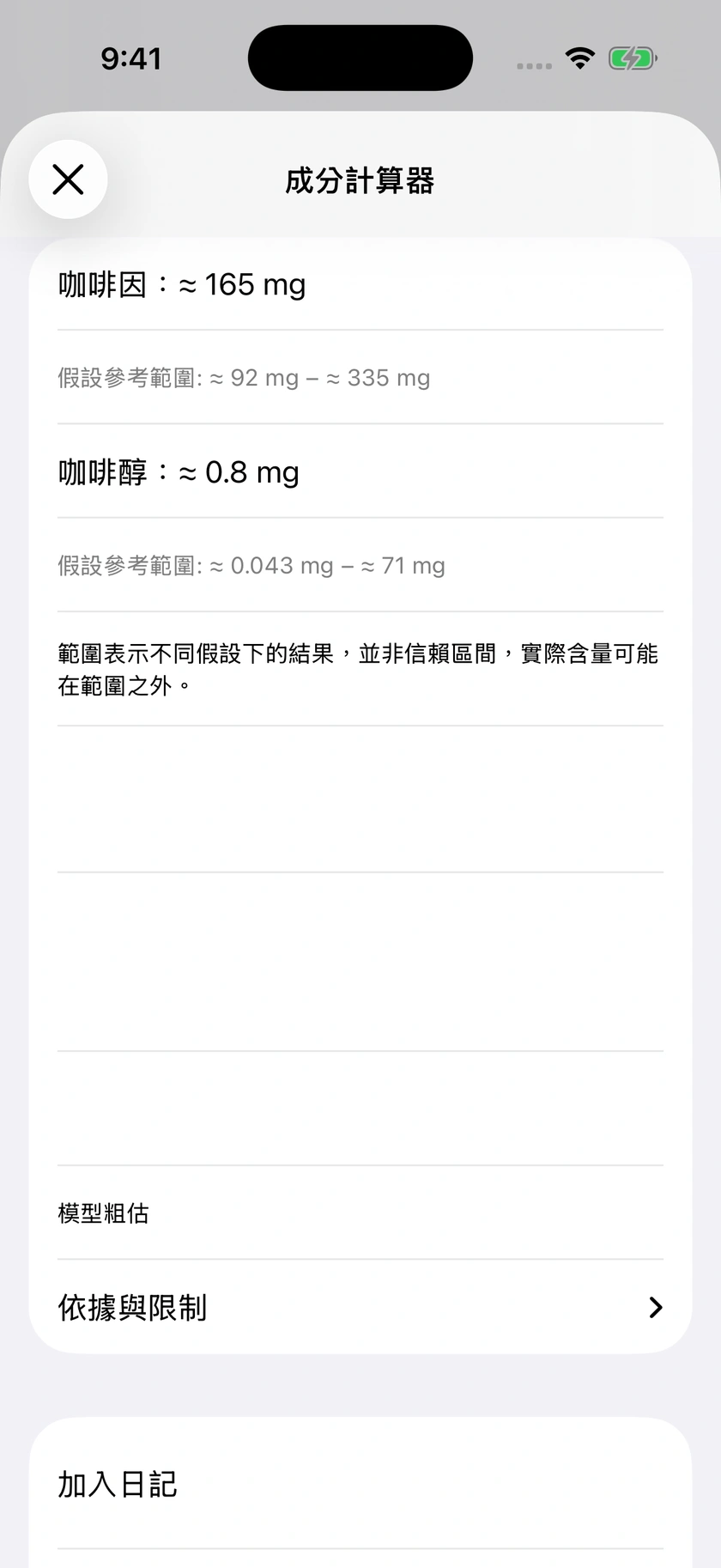 圖 54｜成分粗估與限制說明