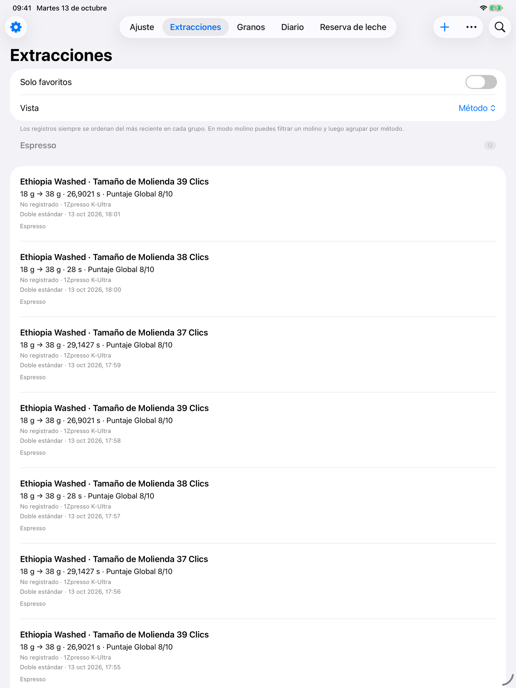 YanMore Grind — Historial de preparaciones en iPad